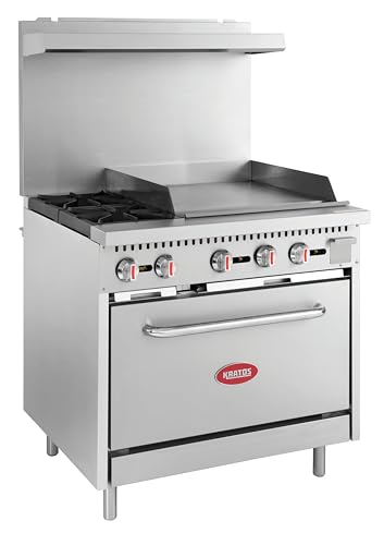 Comparison: Best Commercial Ranges For Restaurants 5 Kratos 36" Wide Commercial Gas Range with 24" Griddle, 2 Burners, and Full Size Oven, Stainless Steel Range for Restaurants, 130,000 BTU, Liquid Propane (29Y-047-LP)