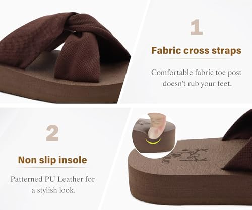 KuaiLu Womens Dressy Sandals Arch Support Yoga Mat Memory Foam Comfortable Cushion Walking Cross Slides Ladies Summer Beach Pool Slip on Orthotic Slippers ALL Brown-1 7.54