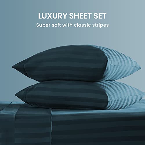 SLEEP ZONE Striped Cooling Queen Sheets Set - Fitted Flat Sheet & Pillowcase Sets 4 Piece - Super Soft Stripe Bed Sheet, Easy Care, Deep Pocket (Teal, Queen)