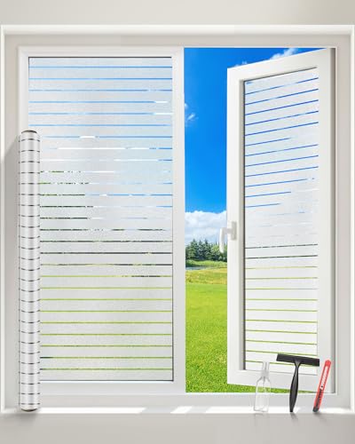 aboveBED Fensterfolie Blickdicht,Sichtschutzfolie Fenster Milchglasfolie mit Streifen,Selbstklebende statische Folie für Fenster im Bad,Büro & Wohnzimmer,44,5x200 cm