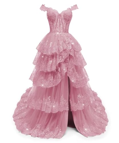 YUAOHUANG Sequin Tulle Prom Dresses for Women 2025 Off Shoulder Princess Lace Appliques Ball Gowns Long for Teens