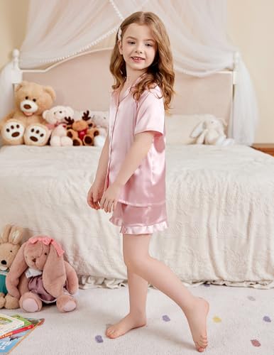 Image of Arshiner Girls Pajamas Silk Satin Pajama Set Button Pjs Ruffle Sleepwear | 2 Piece Nightwear, Silky Soft Lounge for Little & Big Kids, Ideal for Sleeping and Sleepover Party
