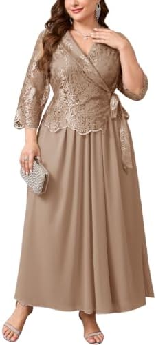Plus Size Mother of Bride Floral Lace Maxi Dress Wrap V Neck A Li...