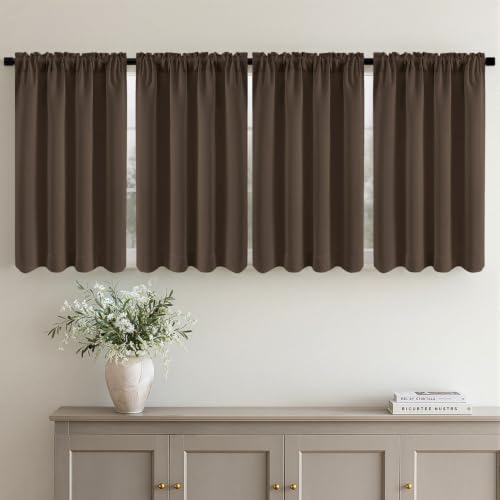 Image of MIULEE 4-Panel Blackout Kitchen Window Curtain 40 inch Wx45 L Chocolate Brown | Privacy Protection, Heat /Light Blocking, Easy Install, Top&Bottom Rod Pocket, Suitable for Small Windows, Soft&Durable