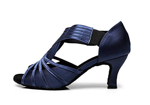 TDA Womens 7133 Flared Heel Dark Blue Satin Latin Modern Salsa Tango Ballroom Wedding Dance Shoes 5 M US