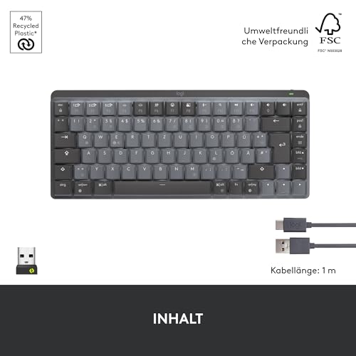 Logitech MX Mechanische kabellose Mini-Tastatur mit Beleuchtung, Taktile leise Tasten, Hintergrundbeleuchtung, Bluetooth, USB-C, macOS, Windows, Linux, iOS, Android, Metall, Deutsches QWERTZ - Grau