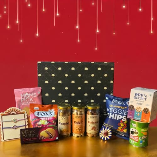 Image of Goshudh 11 Item Premium Rakhi Gift Hamper for Brother & Sister | Almonds, Cashews, Raisins, Open Secret Assorted Nutty Cookies, Veggie Chips, Fox's, Mom's Pick Khakhra, Dark Fantasy, Set of 2 Rakhi with Roli Chawal | Luxury Green Lotus Gift Box