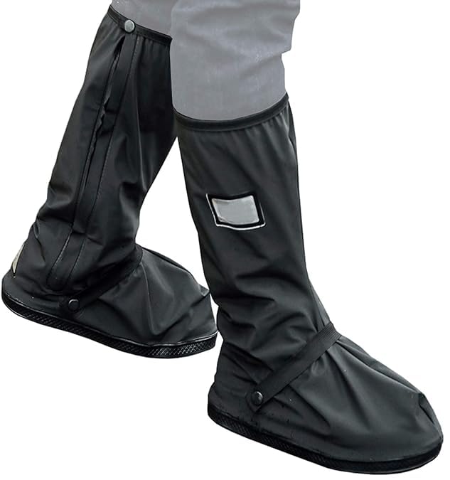 Image of Waterproof Shoe Cover Protector for Men and Women - Reusable Anti-Slip Rubber Overshoes - Tall Boot Galoshes with Safety Reflector - PVC Material, Dustproof, Foldable, Portable, and Durable for Rainy Season and Outdoor Use (1-Pair, Black)