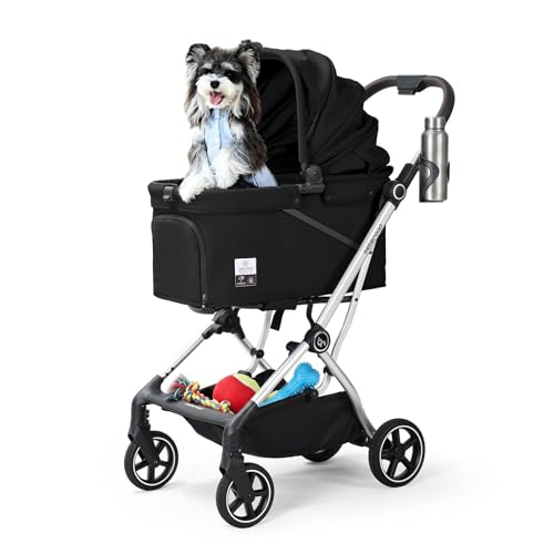 Image of T4 Max Pet Stroller Dog Cat Stroller for Small Medium Dogs Cats, 4 Wheels Travel Folding Carrier Waterproof Puppy Stroller with Pad, Canopy and Cup Holder (T4 Max Black)
