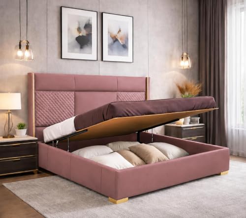 Image of Royal Modern Upholstered Queen Size Bed with Hydraulic Storage for Bedroom | Wooden Double Beds for Home & Hotels | Platform Cot Bed with Upholstery Fabric, 6.5 x 5 Ft | Sheesham, Onion Pink