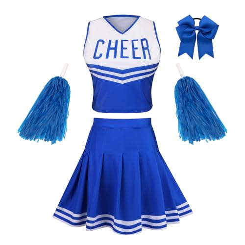 GRAJTCIN Cheerleader Costume for Women Halloween Cosplay Girls Cheerleading Uniform Cheer Outfit Crop Top Dress (S, Blue)