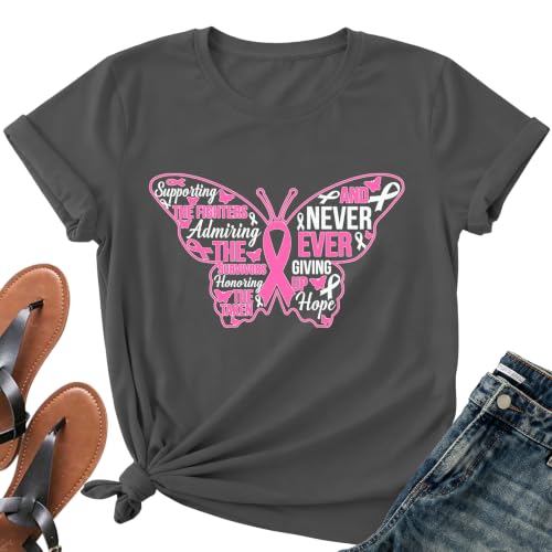 Image of Breast Cancer Survivor Butterfly Shirt for Women-Pink Ribbon Short Sleeve | With Hope Slogan Print Tee Top Ideal for Breast Cancer Group Uniform for Awareness Month & Survivor Memorial Gathering