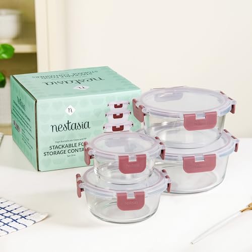 Image of Nestasia Nestro Airtight Glass Containers with Lid Set of 4 (215ml, 400ml, 600ml, 950ml) | Spill Proof Round Glass Containers with Break Free Lock - Microwave, Dishwasher & Freezer Safe (Mauve)
