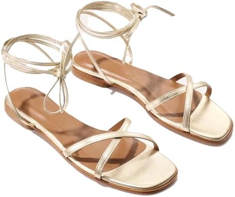 Strappy Flats Sandals for Women Summer Gladiator Lace Up Flat San...