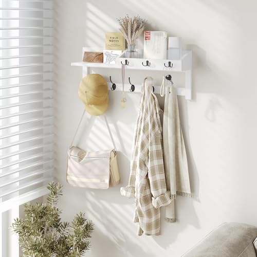 Image of AMBIRD Wall Hooks with Shelf, 26.57 Inch Entryway Wood Coat Hooks for Wall, Coat Rack Wall Mount with 5 Dual Hooks 3 Key Hooks Mail Organizer and Key Rack Holder (White)