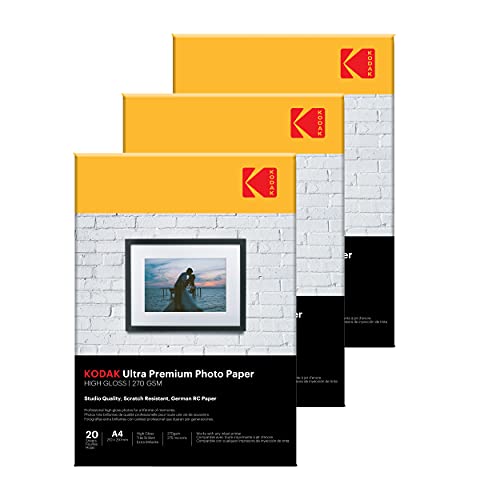 Image of Kodak 270 GSM A4 Glossy Photo Paper - Waterproof, Pack of 3 x 20 sheets, Compatible with all Inkjet Printers