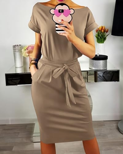 Image of PRETTYGARDEN Women's Summer Short Sleeve Crewneck Striped Dress Basic Solid Tie Waist Office T Shirt Dresses Pockets