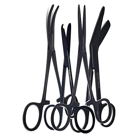 Premium Grade Set of 4 Bandage Scissors 5.5", Stitch Scissors 4.5" and Hemostat 5.5" Straight & Curved -Premium Quality Stainless Steel Cover