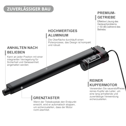 Justech Linear Actuator 300mm Linearantrieb 1000N IP65 Wasserdicht 14mm/s Motor Lineartechnik Aktuatoren Linearmotor Verstellantrieb Toröffner hubzylinder mit CE & RoHS 12V DC Electric Motor DIY