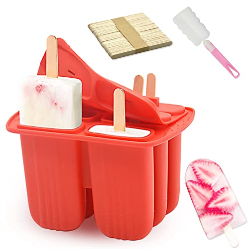 Bongpuda 6 Pieces Silicone Popsicle Molds,Easy-Release Bpa-Free,Ice Pop Mold Ice Cream Molds For Kids,With 50 Pcs Popsicle Sticks+Cleaning Brush(Red)
