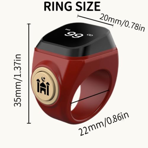 Image of Smart Tasbih Zikr Ring,22mm(13) Muslim Digital Azan Alarm Clock,APP Support Digital Counter Prayer Reminder Rings, Waterproof 4 Digit Finger Counter zikr Ring for Muslims(Red)