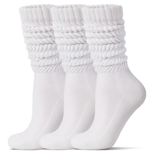 Toetally Womens Slouch Socks 3 Pairs Long Boot Scrunch Crew Sock Soft Cotton Knit Cozy Socks Gifts White M