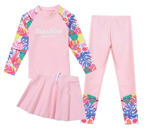 Image of Happy Cherry Girls Rash Guard Swimsuit 3 Piece Long Sleeve Swim Shirt with Shorts Long Pants Bathing Suit Swimwear