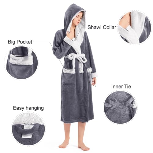 Image of Inner Wish Women Hooded Plush Robe, Fleece Highly Absorbent Cozy Warm Bathrobe