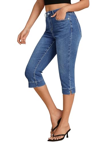 luvamia Capri Jeans for Women Trendy High Waisted Slim Split Hem Stretch Denim Jean Capris Cropped Pants Casual Summer