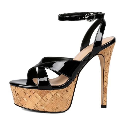 Image of Esvowido Heeled Mules for Women Cork Platform Stiletto Heels Slip on Open Toe High Heeled Sandals Crisscross Slippers Pumps Shoes