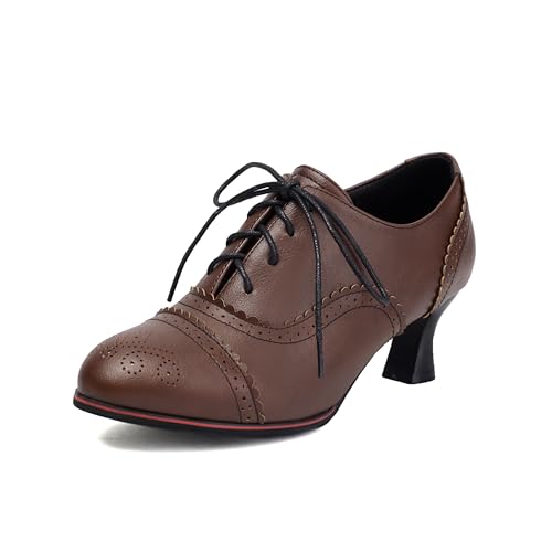 Womens Chunky Low Heel Oxford Pumps Kitten Heel Lace Up Pumps