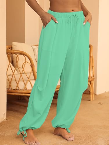 Image of Women's Linen Balloon Barrel Beach Pants Boho Harem Flowy Drawstring Casual Loose Pants with Pockets