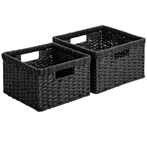 StorageWorks Wicker Basket with Handle Wicker Storage Baskets for Organizing Decorative Storage Baskets for Shelves Paper Rope Black 2-Pack
