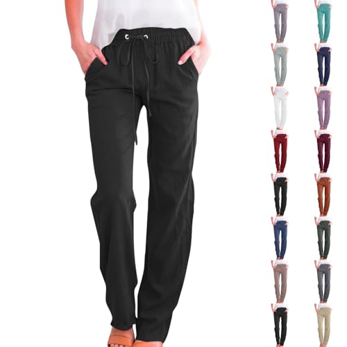 Linen Pants Women Straight Leg Drawstring Summer Pants Casual Lightweight Cotton Linen Blend Trousers Plus Size