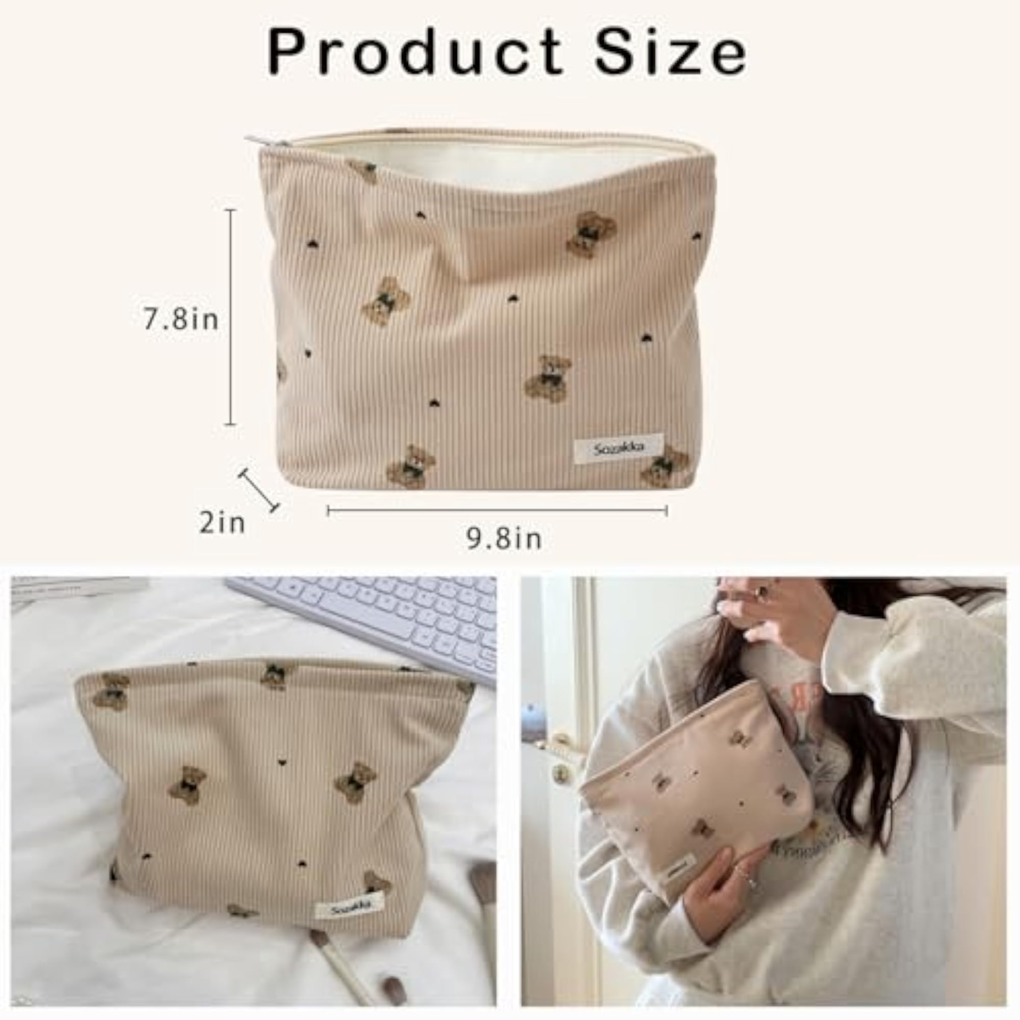 Corduroy Travel Makeup Bag with Bear Pattern, Cosmetic Bag for Women