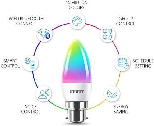 B22 Smart Candle Bulb Bayonet,LVWIT RGB Color B22 Dimmable Candle Bulbs,Music Sync WiFi Bulbs, 470Lm, Compatible with Alexa, Echo and Google Home, Smart Candle Light Bulbs (Pack of 2)