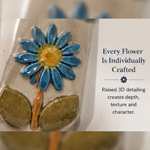 Image of Handmade Ceramic Coffee Mug with 3D Blue Daisy Flower, Handpainted Pottery Tea Cup, Microwave Safe, Dishwasher Safe, BPA Free, 240ml Floral Mug for Coffee Tea & Beverages