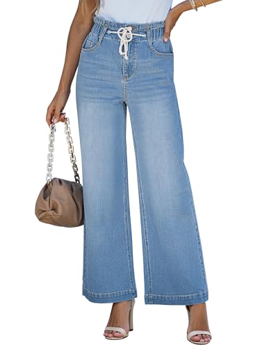 LookbookStore Womens Jeans Wide Leg High Waisted Trendy Elastic Wasit Drawstring Stretch Denim Pants Baggy Trouser Jeans
