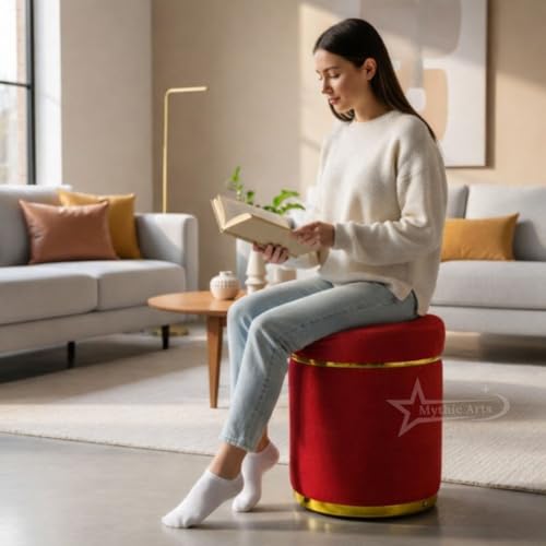 Image of Ottoman Stool for the Living Room Ottoman Pouffes for Sitting, Puffy Stool for Living Room Dressing Table Stool RED