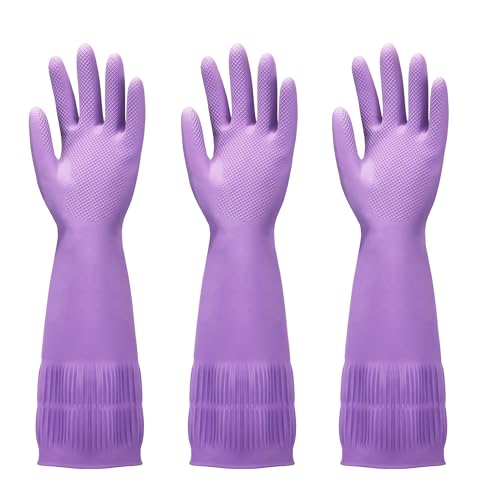 FMP Brands 3 Pairs Rubber Dishwashing Gloves-15 Long Elastic Comfortable to Wear Reinforced Non-Slip Design and Reusable for Household Cleaning Kitchen Bathroom Gardening