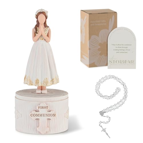 Storieme First Communion Gifts for Girls: 1st Holy Communion Decorations Keepsake Box with Rosary Cross Bracelet - Christian Religious Catholic Present for Baptism Confirmation