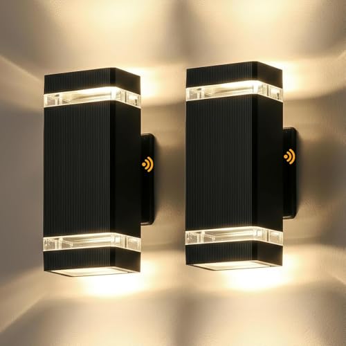 Image of Dusk to Dawn Outdoor Wall Light Modern Up Down LED Wall Sconce, Aluminum Waterproof Exterior Lighting Fixture Porch Lights for House Patio Sensor ETL