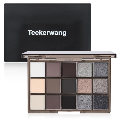 Teekerwang 15 Colors Black White Smokey Eye Shadow Palette Makeup, Dark Grey Smokey Goth Makeup Pallet, Neutral Matte Shimmer High Pigmented Basic Black White Gray Eyeshade for Halloween (15 Colors)
