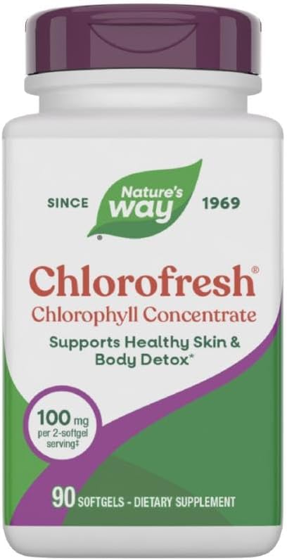 Nature's Way Chlorofresh Chlorophyllin Concentrate, Supports Detoxification Pathways*, Chlorophyllin Copper Complex, Supports Healthy Skin*, Internal Deodorant*, 100 mg per Serving, 90 Softgels