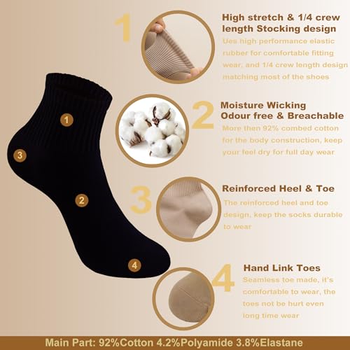 Image of Womens Cotton Anti-Pilling Quarter Crew Socks | Moisture-wicking, Odor-control, Lightweight, Office /gym, 7-pair, US 6-10