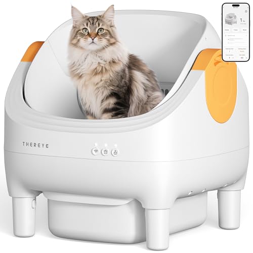 Thereye Self Cleaning Cat Litter Box, Open-Top Automatic Litter Box with Smart App and Safety Sensors, Large Auto Litter Box for Multiple Cats, 10L Waste Bin with Odor Control, Includes Trash Bag