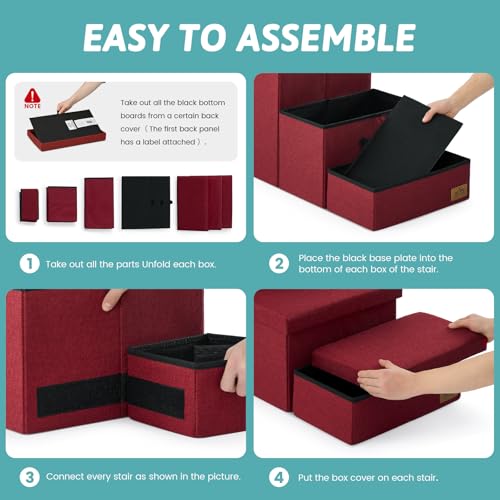 Image of Dog Stairs with Storage, 3-Step Wider Sturdy Dog Steps for Small /Medium /Large Dogs and Older Cats, Folding Doggie Ramp for Bed /Couch /Car Hold Up to 180 lbs (16.7 inch H, Burgundy)