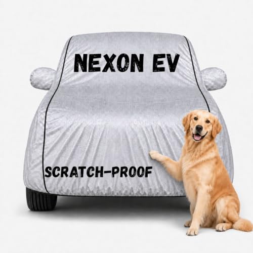 Image of 3 Layer Waterproof Car Body Cover for Nexon Ev All Weather Protection Comes with Inner Cotton Lining & Triple Stitched with Mirror & Antenna Pocket Belt & Elastic Fit (Silver)