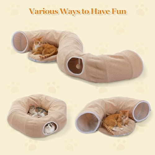 Image of PEQULTI Cat Donut Tunnel with Bed for Indoor Cats, Cat Play Tunnel with Washable Soft Plush Mat, Round Tube Toys Cute Tube for Kittens, Puppies, Rabbits and Ferrets, Beige