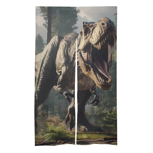 Fierce Dinosaur Noren Doorway Split Shower Curtain Long Type Window Treatment for Privacy Partition Divider